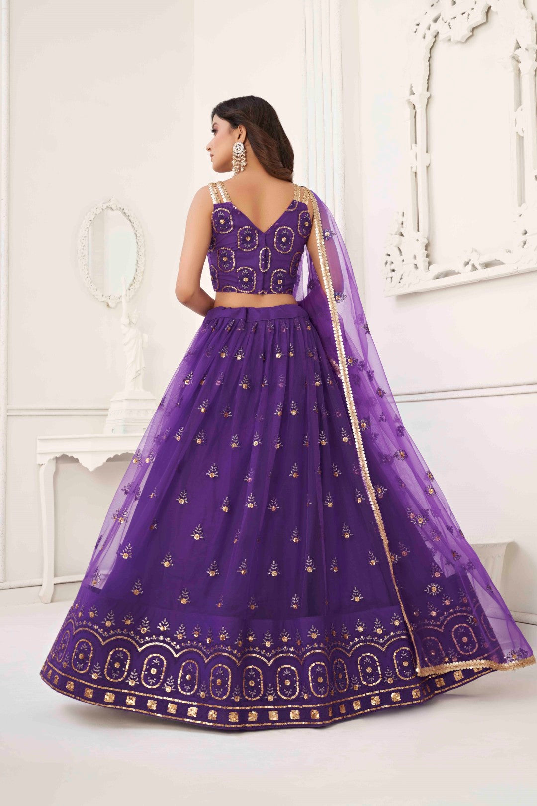 Women's Purple Net Thread Embroidery Lehenga Set