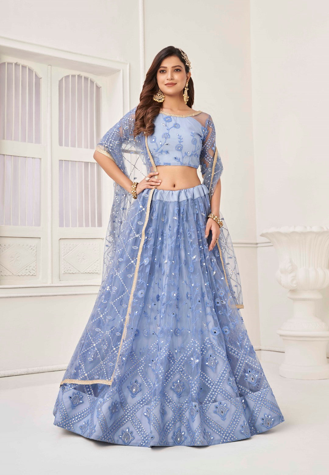 Women's Neon Net Thread Embroidery Lehenga Set