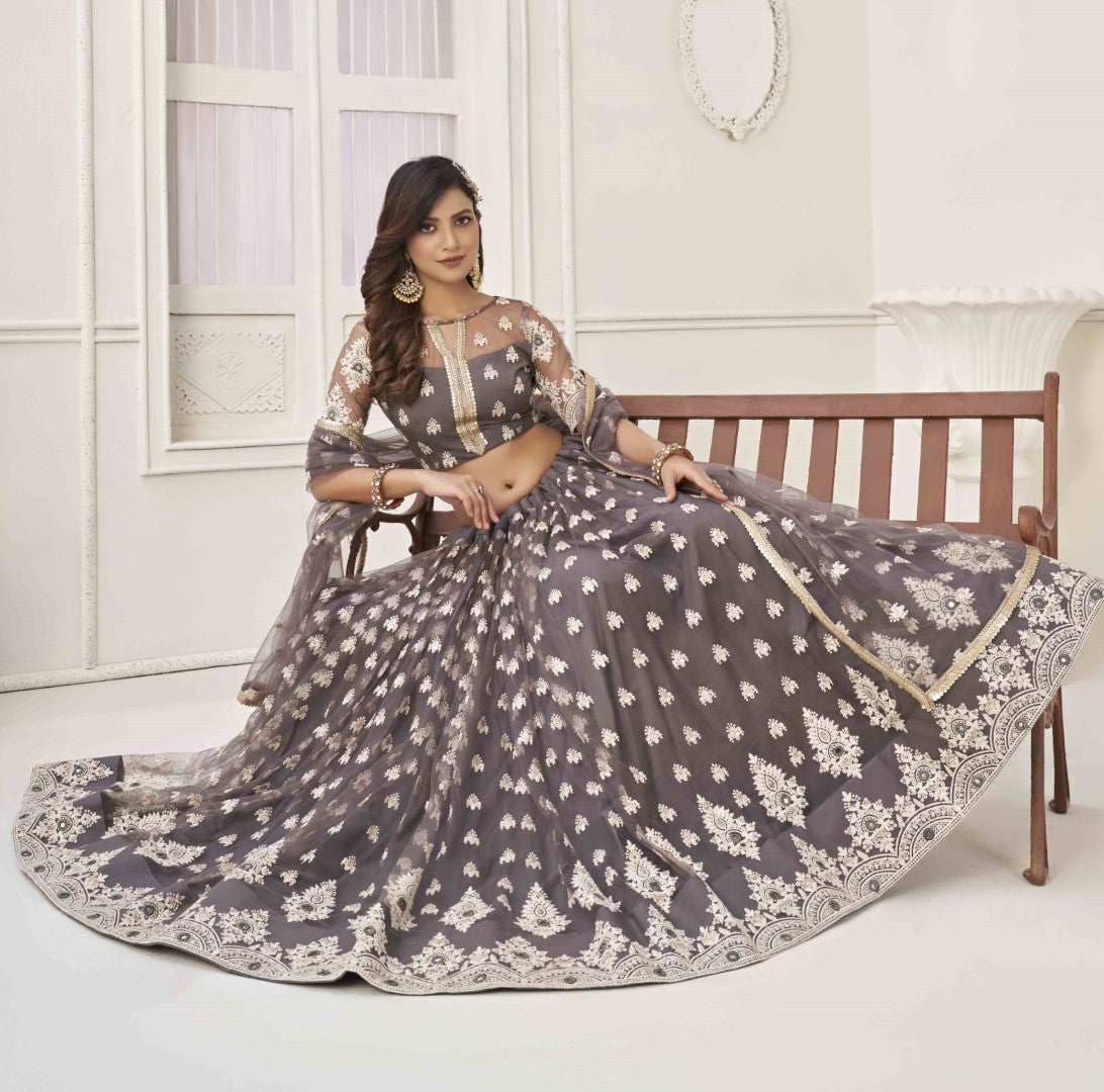 Women's Space Grey Net Thread Embroidery Lehenga Set
