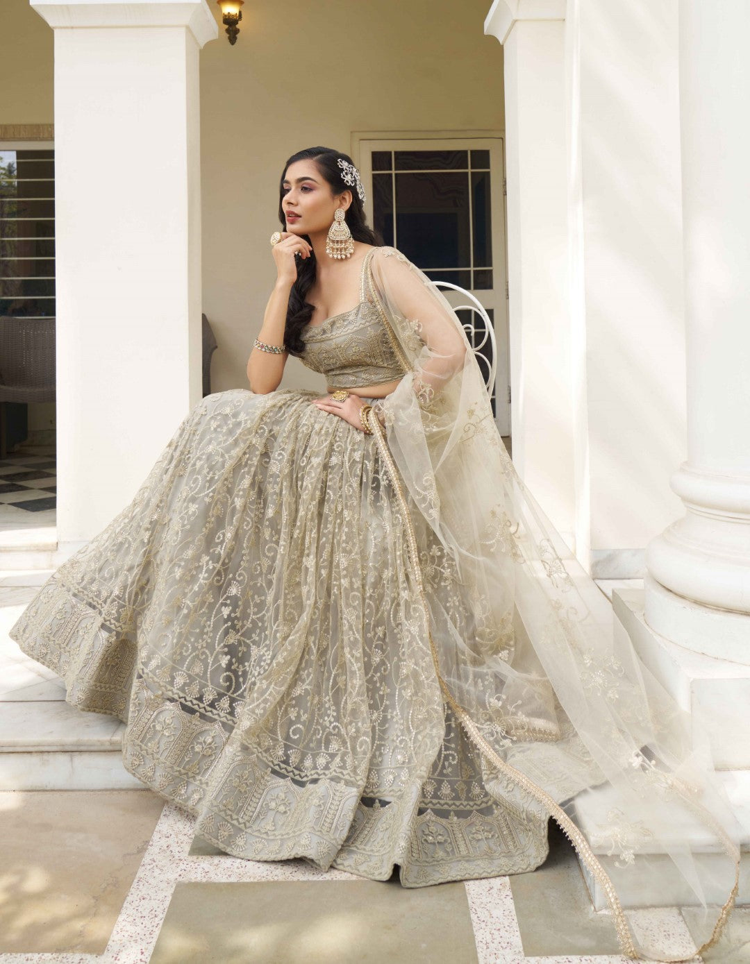 Women's Ivory Net Thread Embroidery Lehenga Set
