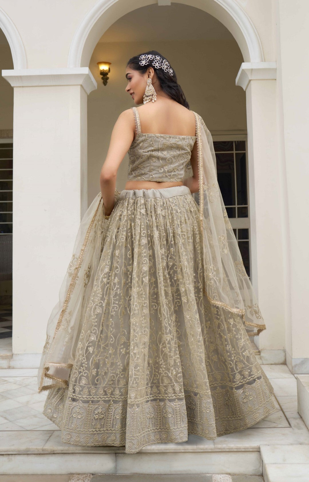 Women's Ivory Net Thread Embroidery Lehenga Set