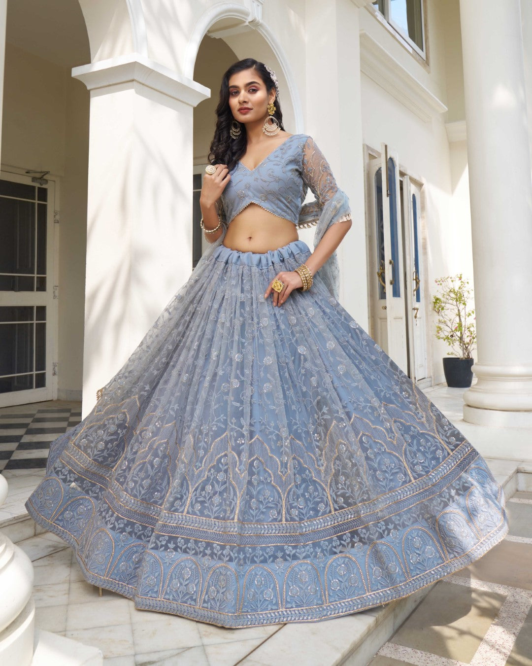 Women's Light Blue Net Thread Embroidery Lehenga Set