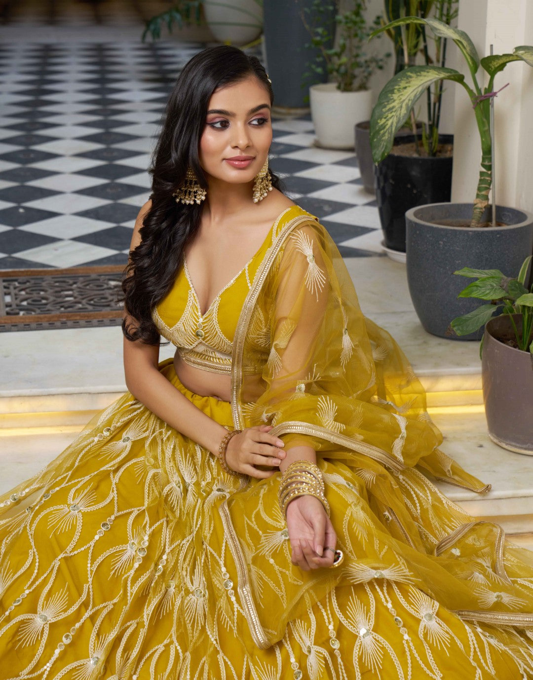 Women's Mustard Yellow Net Thread Embroidery Lehenga Set
