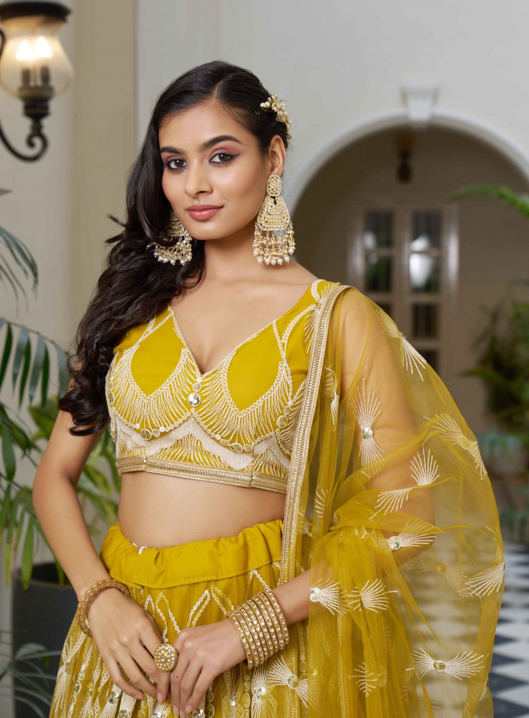 Women's Mustard Yellow Net Thread Embroidery Lehenga Set