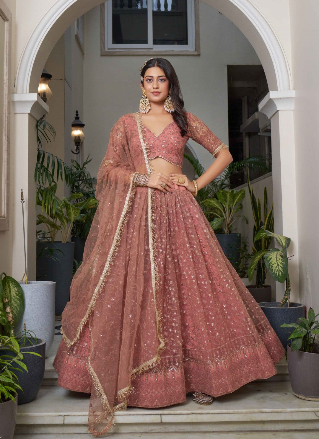 Women's Rust Net Thread Embroidery Lehenga Set