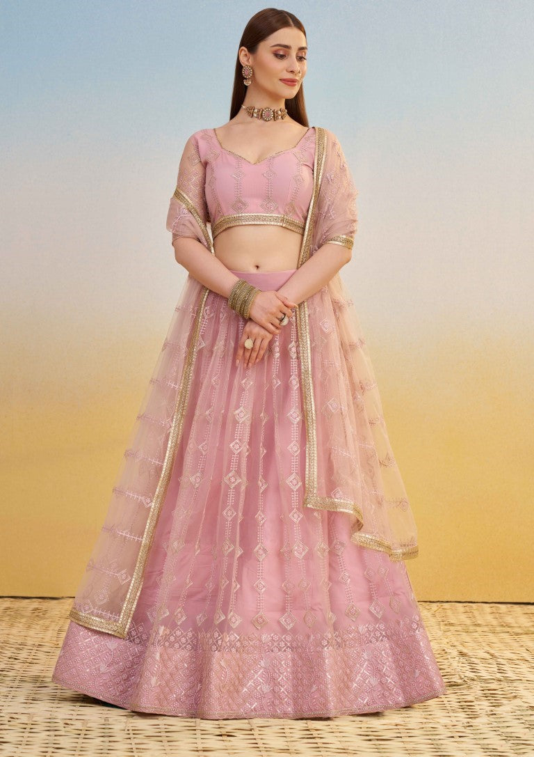 Women's Pink Net Thread Embroiderey With All Over Sequins Work Lehenga Set