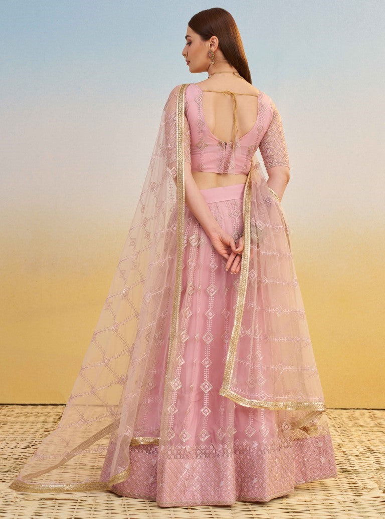 Women's Pink Net Thread Embroiderey With All Over Sequins Work Lehenga Set