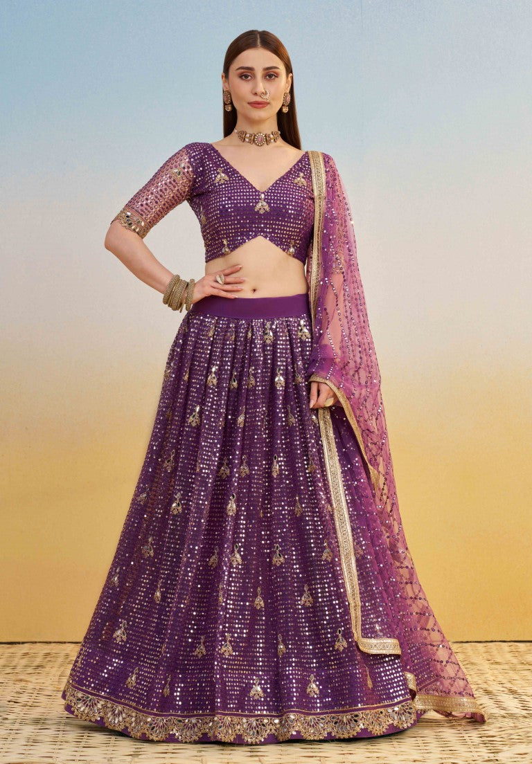 Women's Purple Net Thread Embroiderey With All Over Sequins Work Lehenga Set