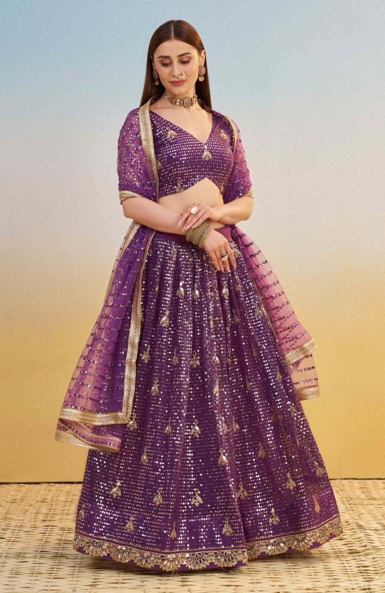 Women's Purple Net Thread Embroiderey With All Over Sequins Work Lehenga Set