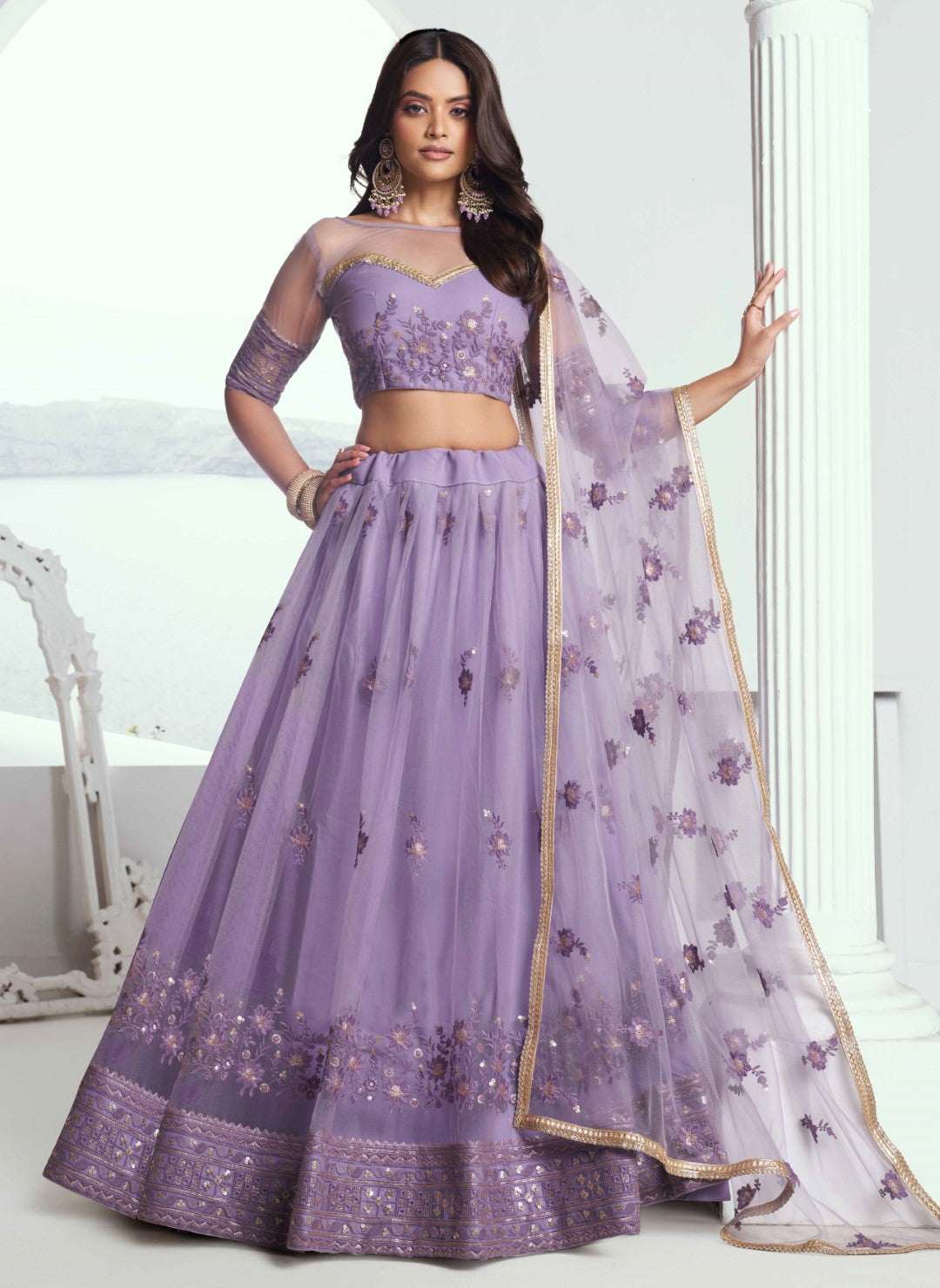 Women's Lavender Net Thread Embroidery Lehenga Set