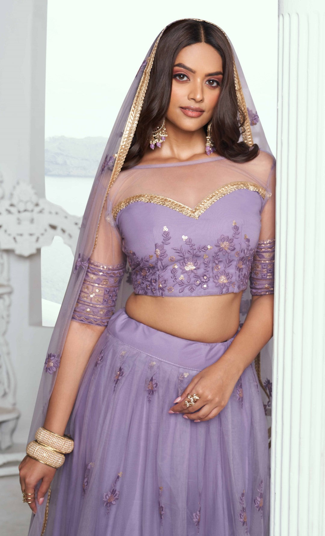 Women's Lavender Net Thread Embroidery Lehenga Set