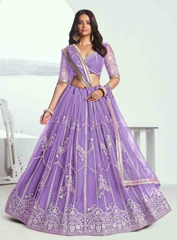 Women's Lavender Net Thread Embroiderey With All Over Sequins Work Lehenga Sets