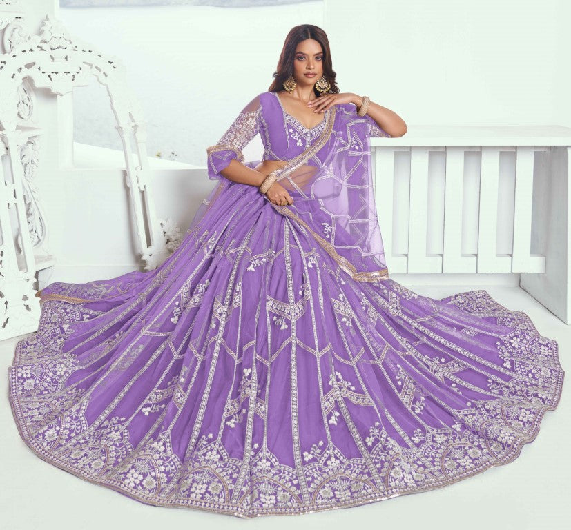 Women's Lavender Net Thread Embroiderey With All Over Sequins Work Lehenga Sets