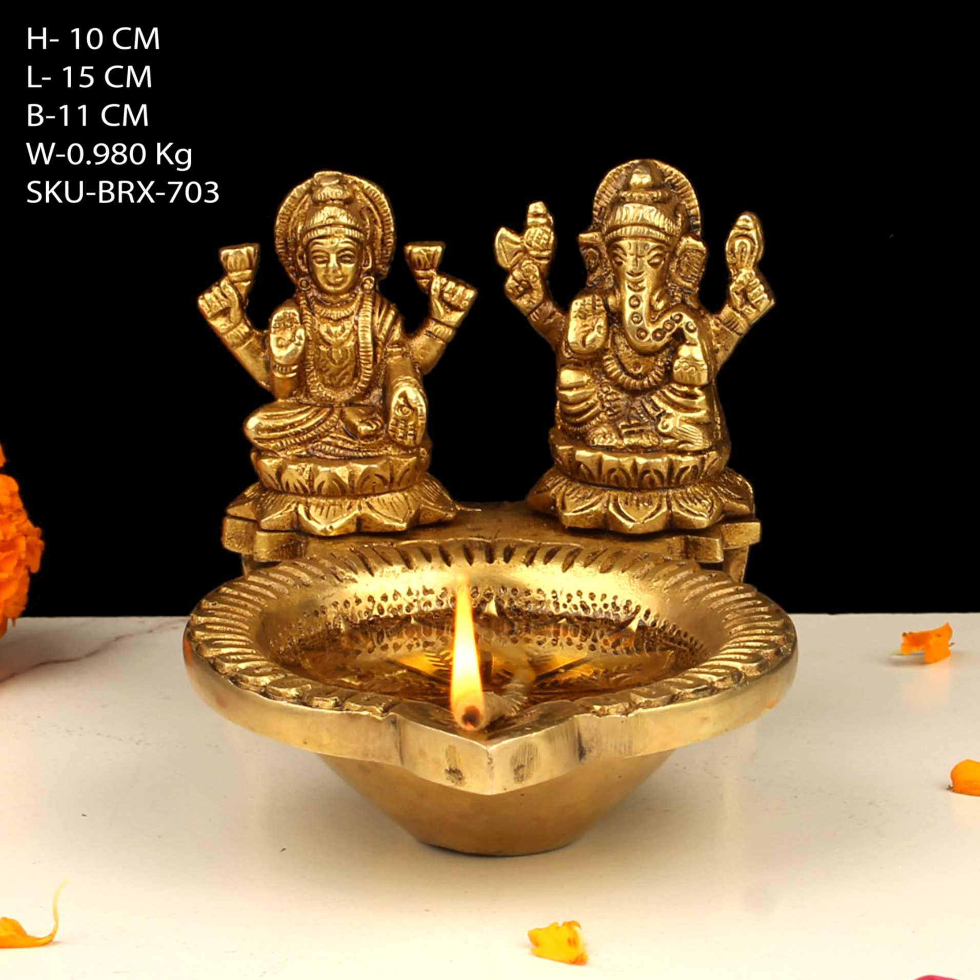 4" Brass Ganesh Laxmi Deepak | Handcrafted Brass Diya for Puja