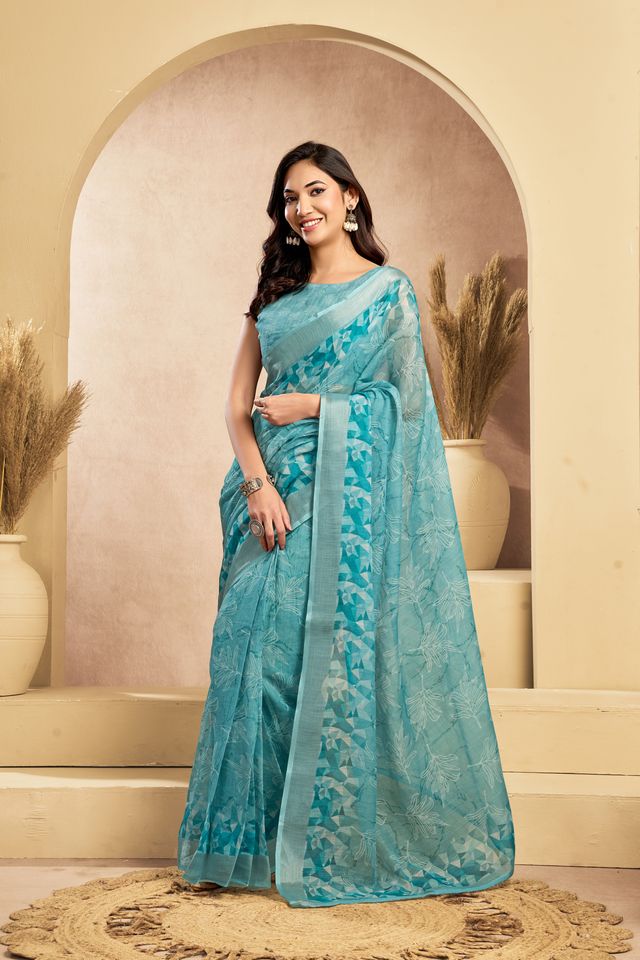 Women's Blue Linen Printed Saree