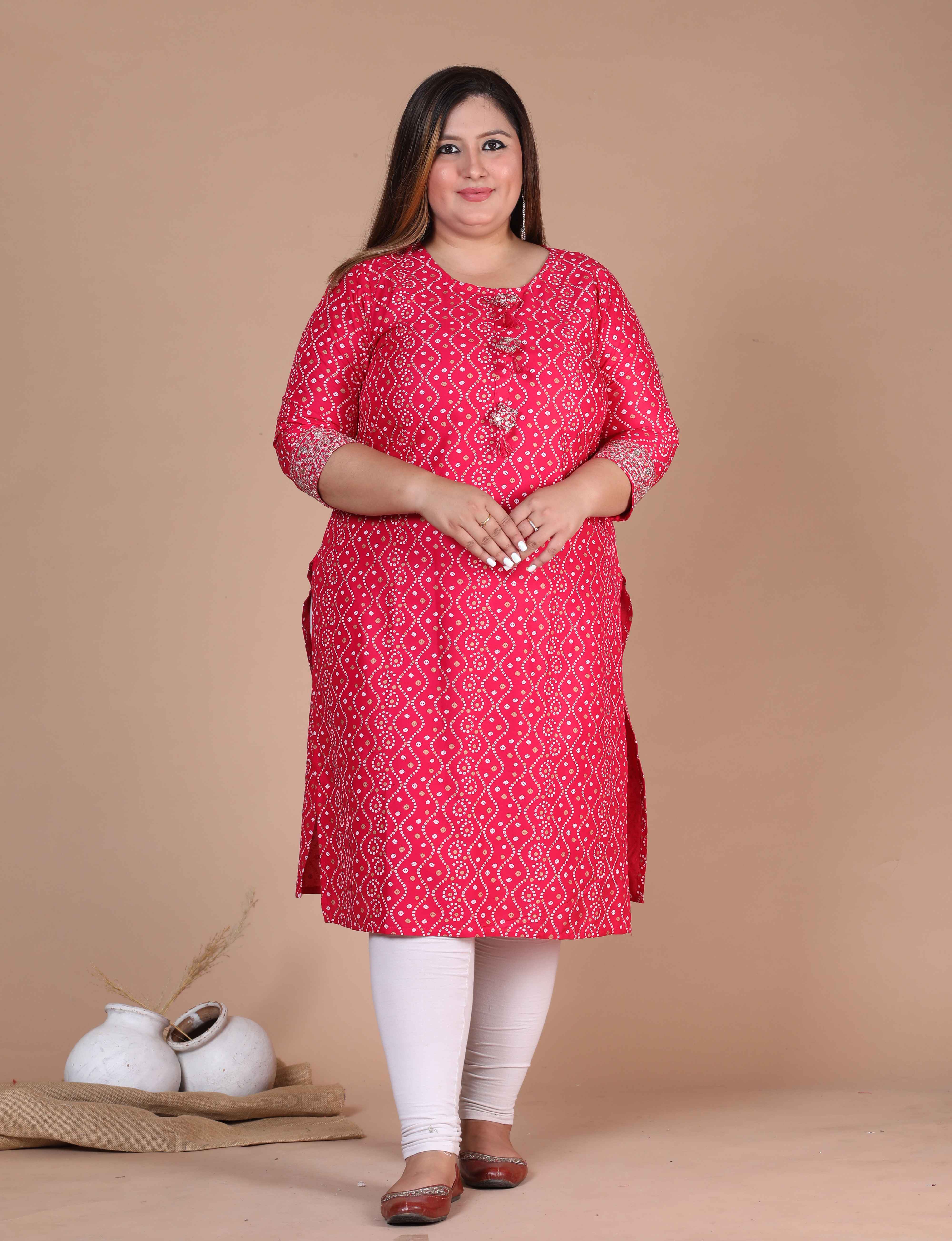 Women's Plus Size Pink Bandhani Straight Kurti