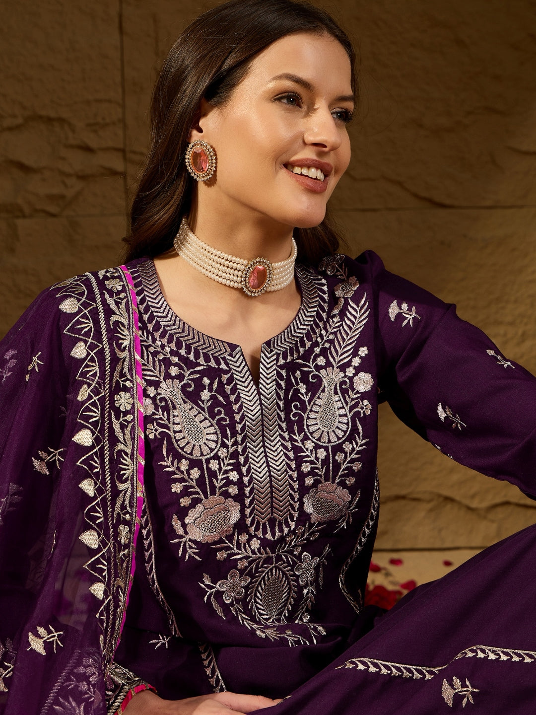 Women's Purple Silk Blend Yoke Design Zari Straight Kurta Palazzo With Dupatta