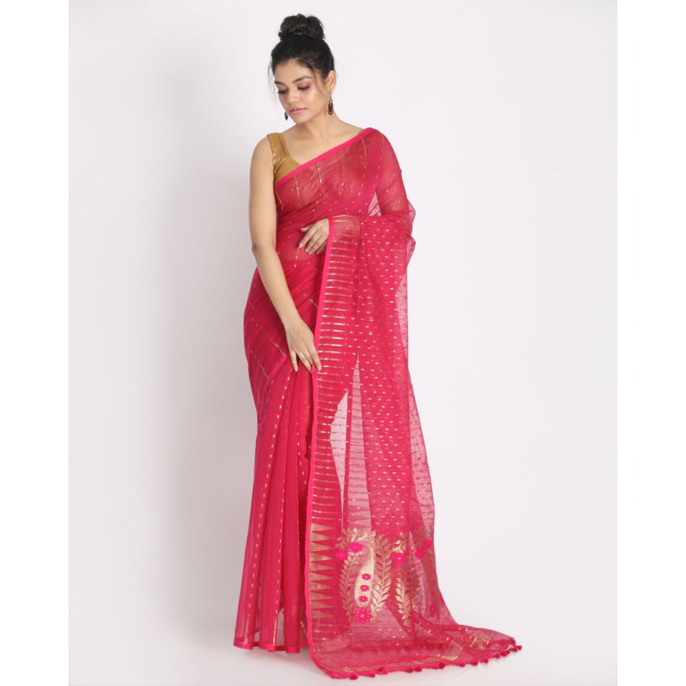 Women's Rani Pink Cotton Silk Jamdani Saree