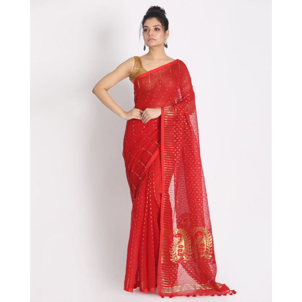 Women's Red Cotton Silk Jamdani Saree