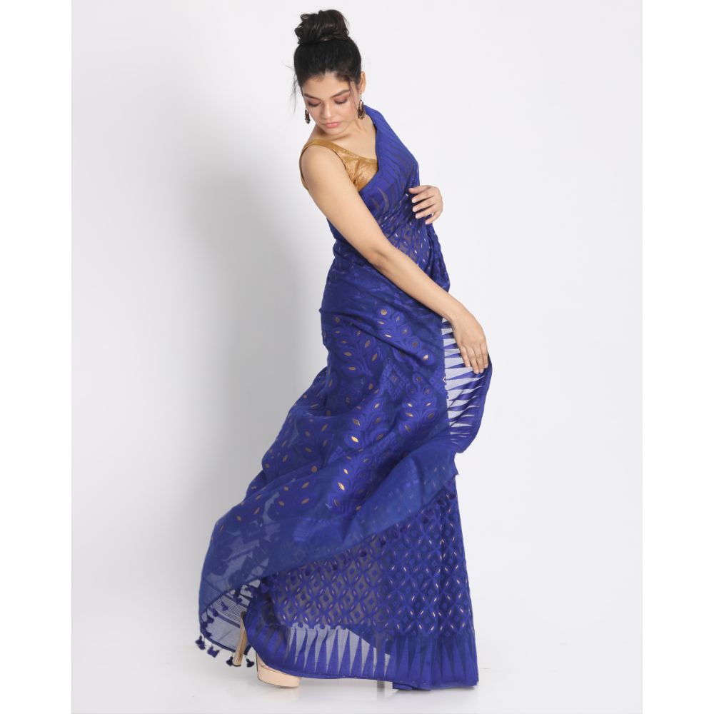 Women's Royal Blue Cotton Silk Jamdani Saree