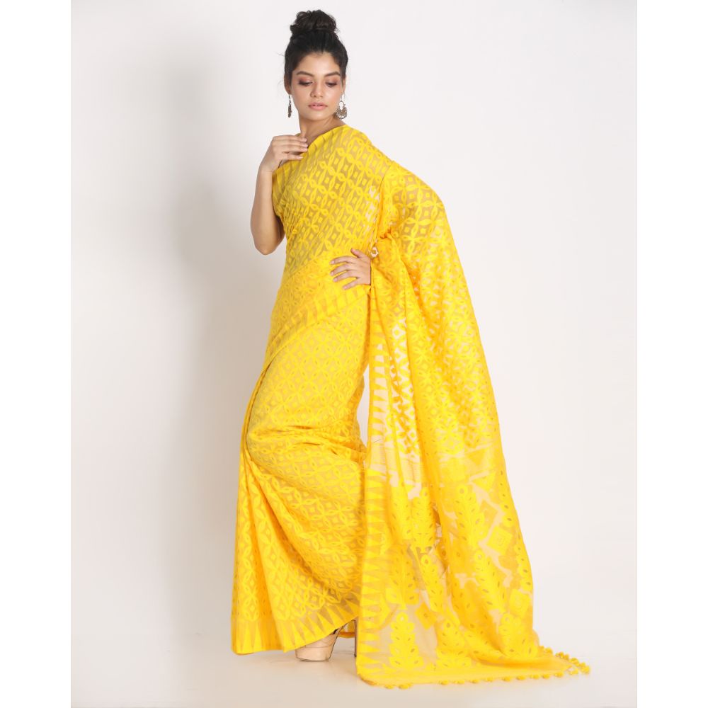 Women's Yellow Cotton Silk Jamdani Saree