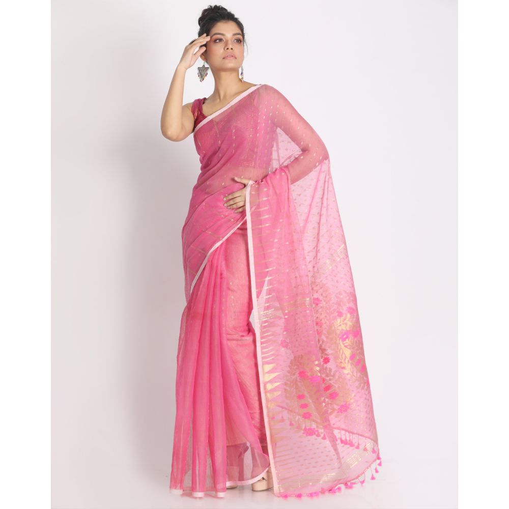 Women's Pink Cotton Silk Jamdani Saree