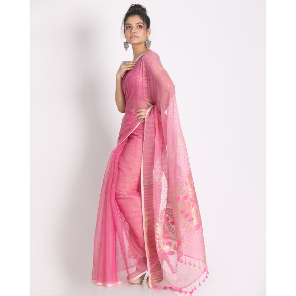Women's Pink Cotton Silk Jamdani Saree