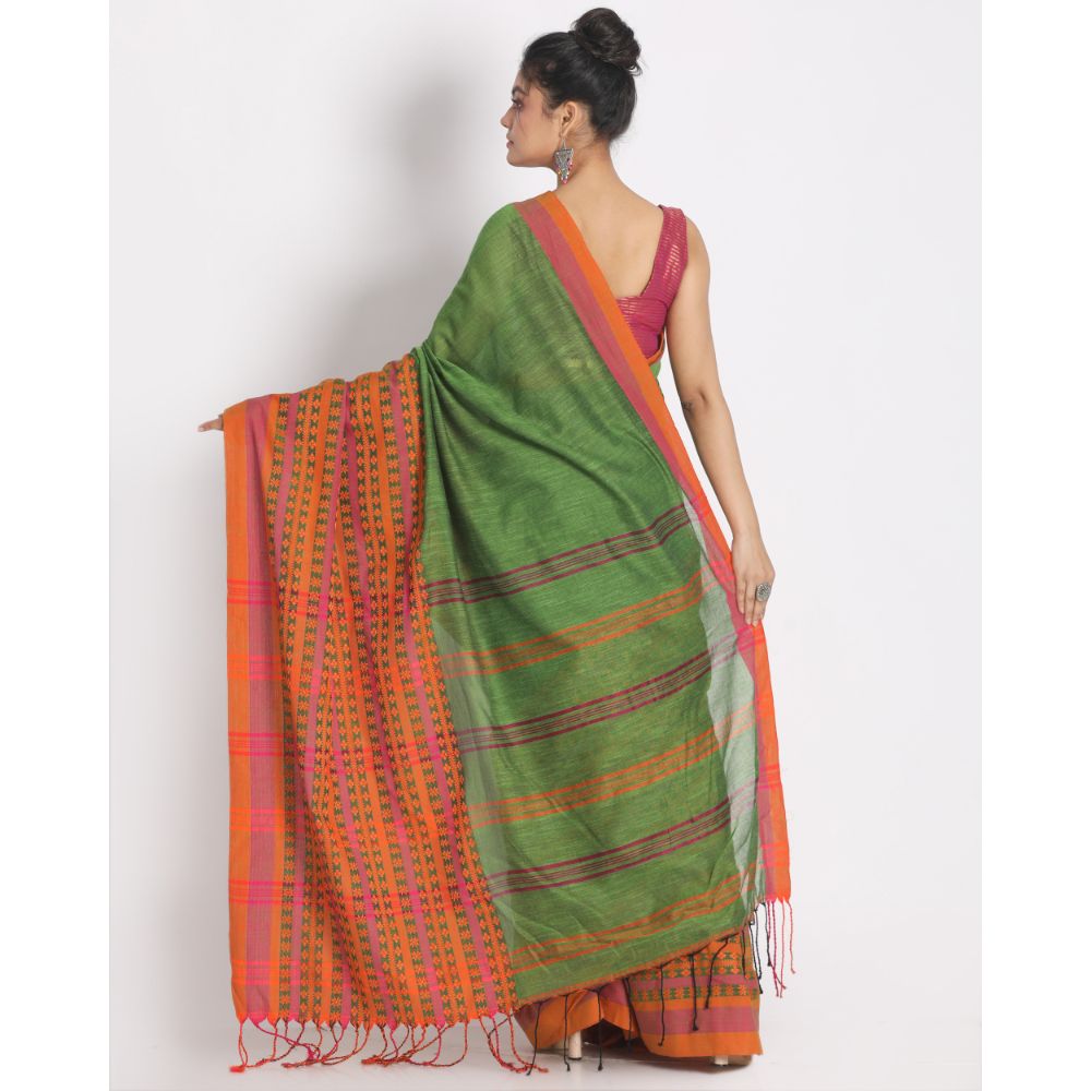 Women's Handspun Cotton Green Handloom Begampuri Saree