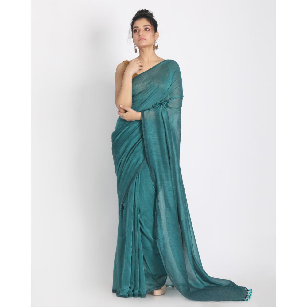 Women's Handspun Cotton Teal Handloom Saree