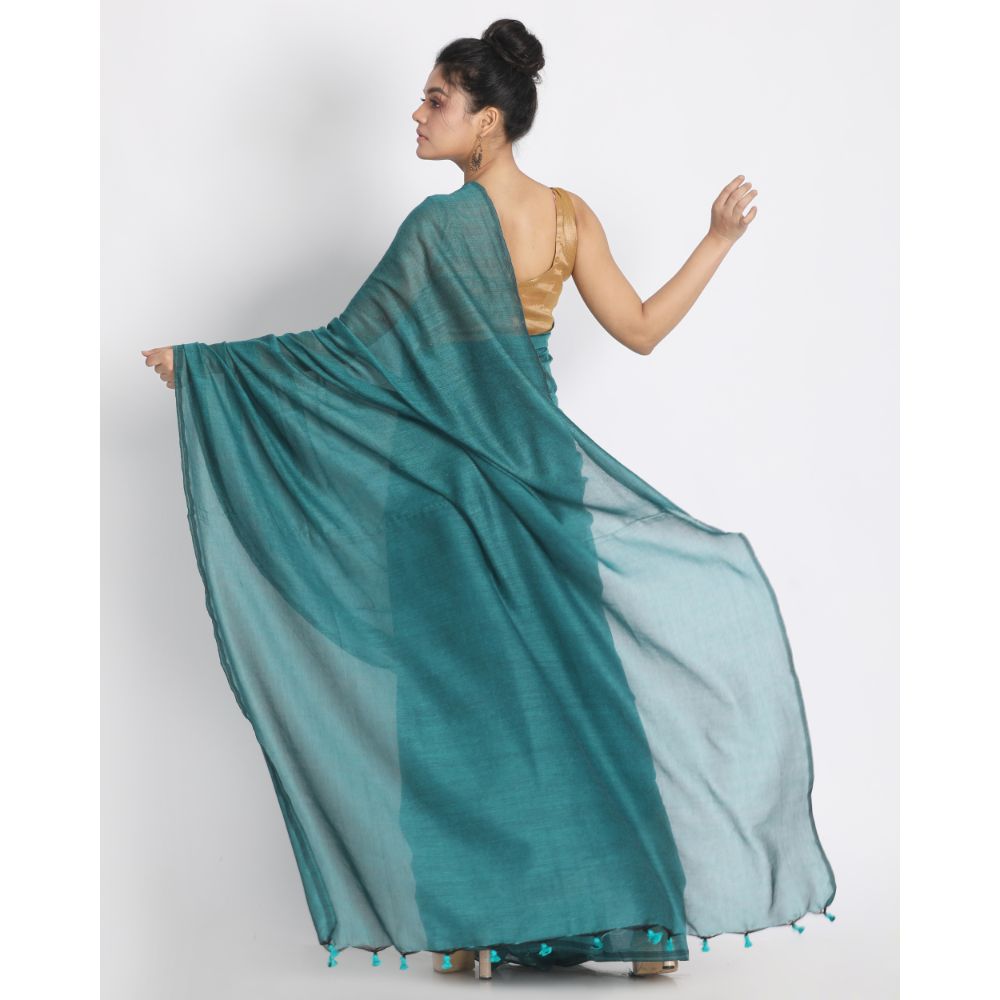 Women's Handspun Cotton Teal Handloom Saree