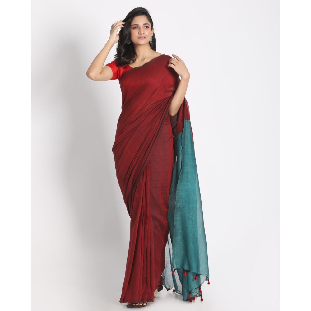 Women's Handspun Cotton Red Handloom Saree