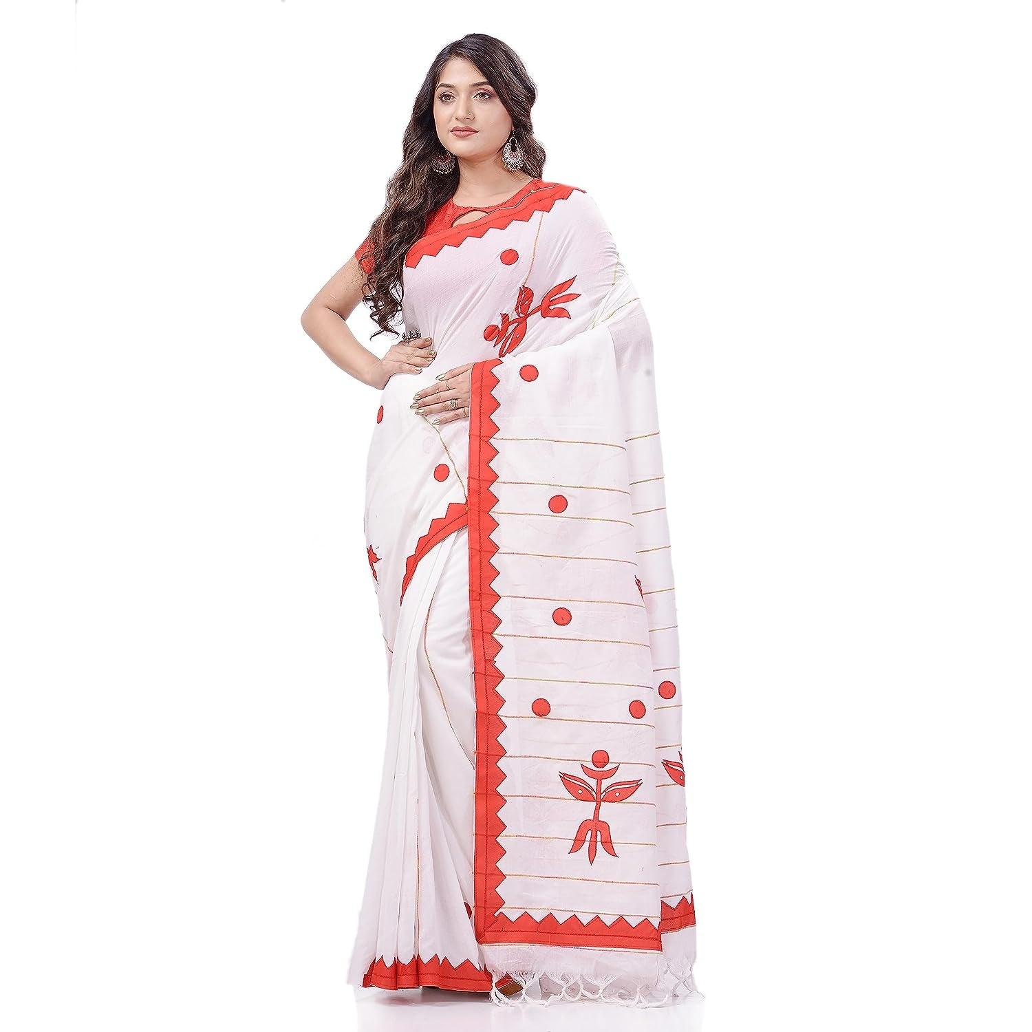 Women's Bengali Khesh Cotton Handloom Saree Trinayani Durga Designed With Blouse Piece