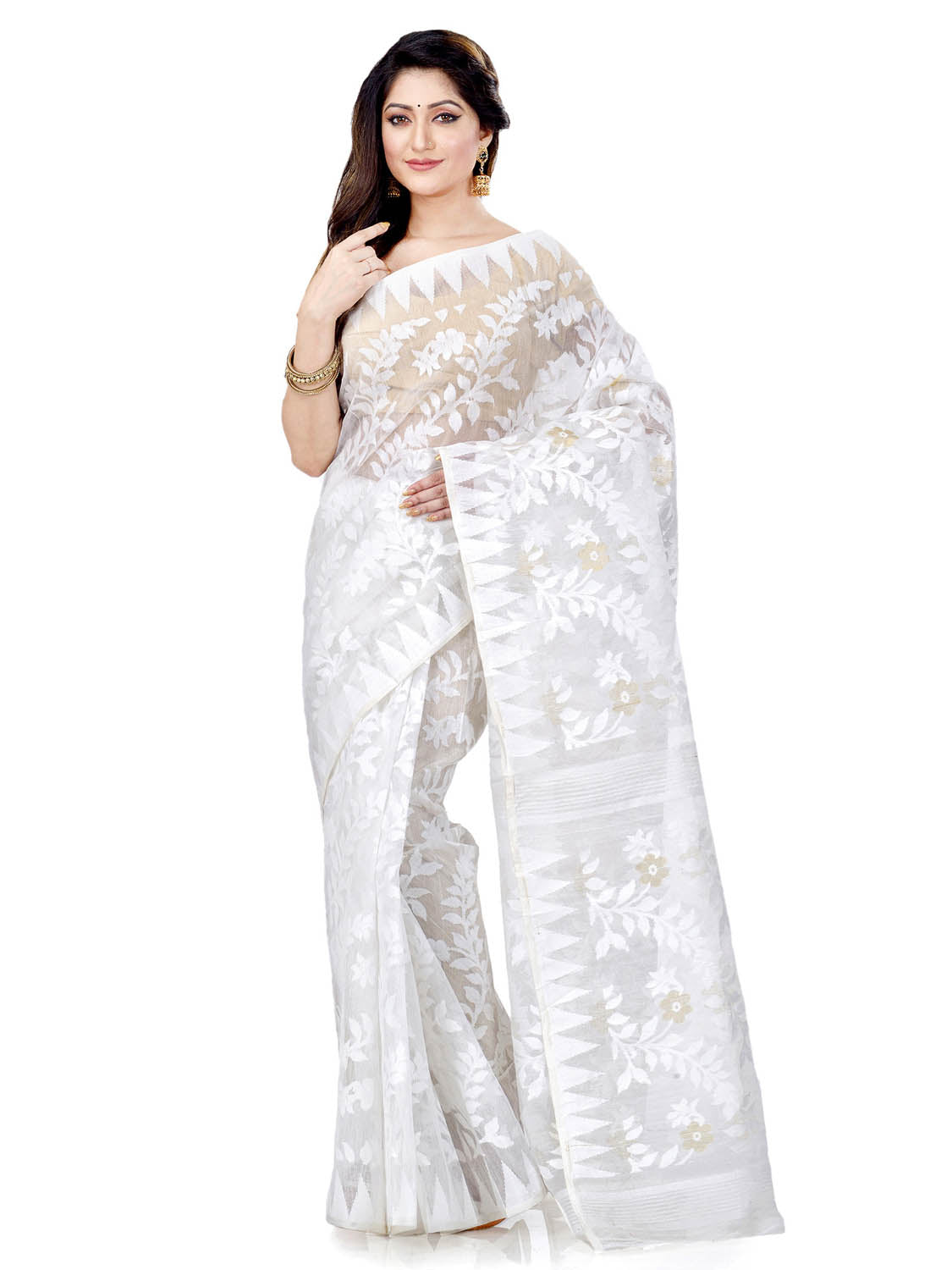 Women's Cotton Blend Handloom White Jamdani Saree