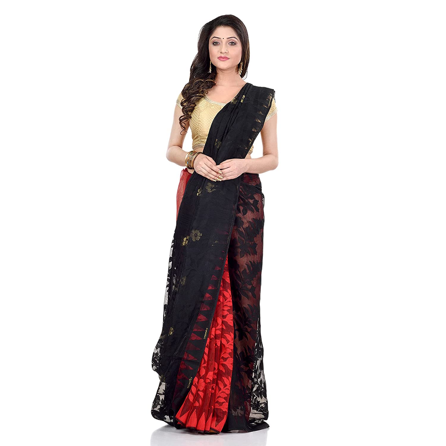 Women's Cotton Blend Handloom Black Red Jamdani Saree