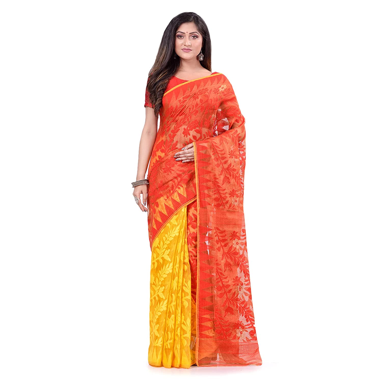 Women's Cotton Blend Handloom Yellow Orange Jamdani Saree