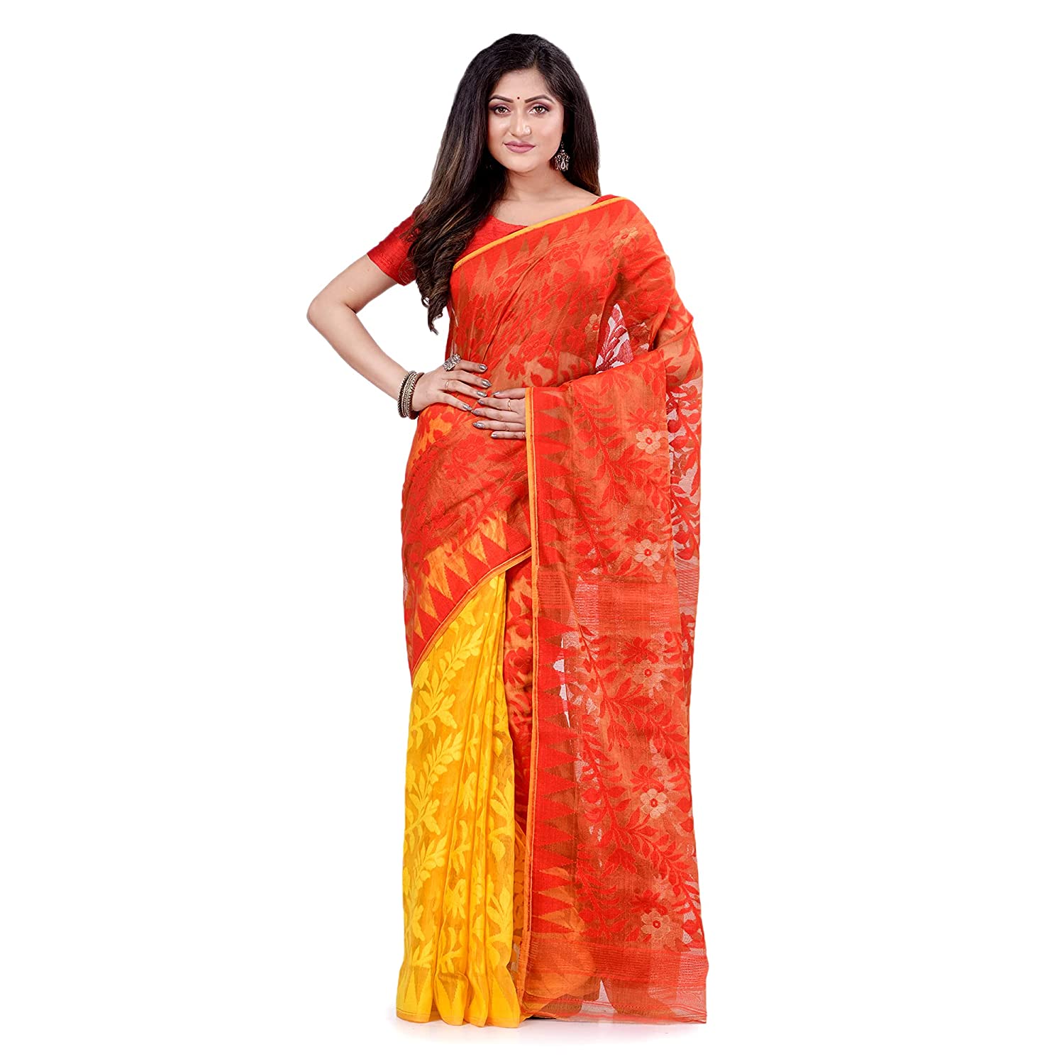 Women's Cotton Blend Handloom Yellow Orange Jamdani Saree