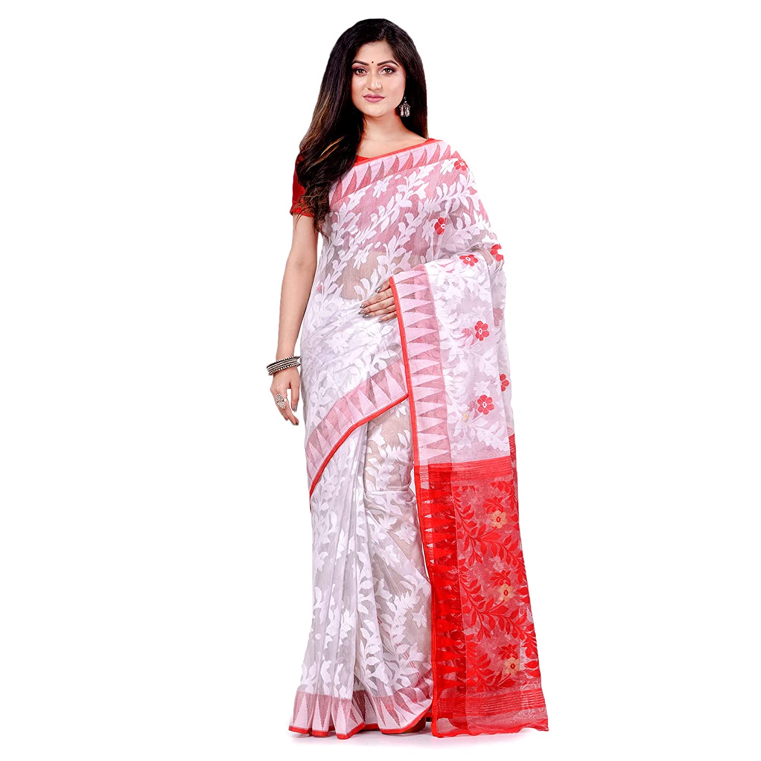 Women's Cotton Blend Handloom White Jamdani Saree