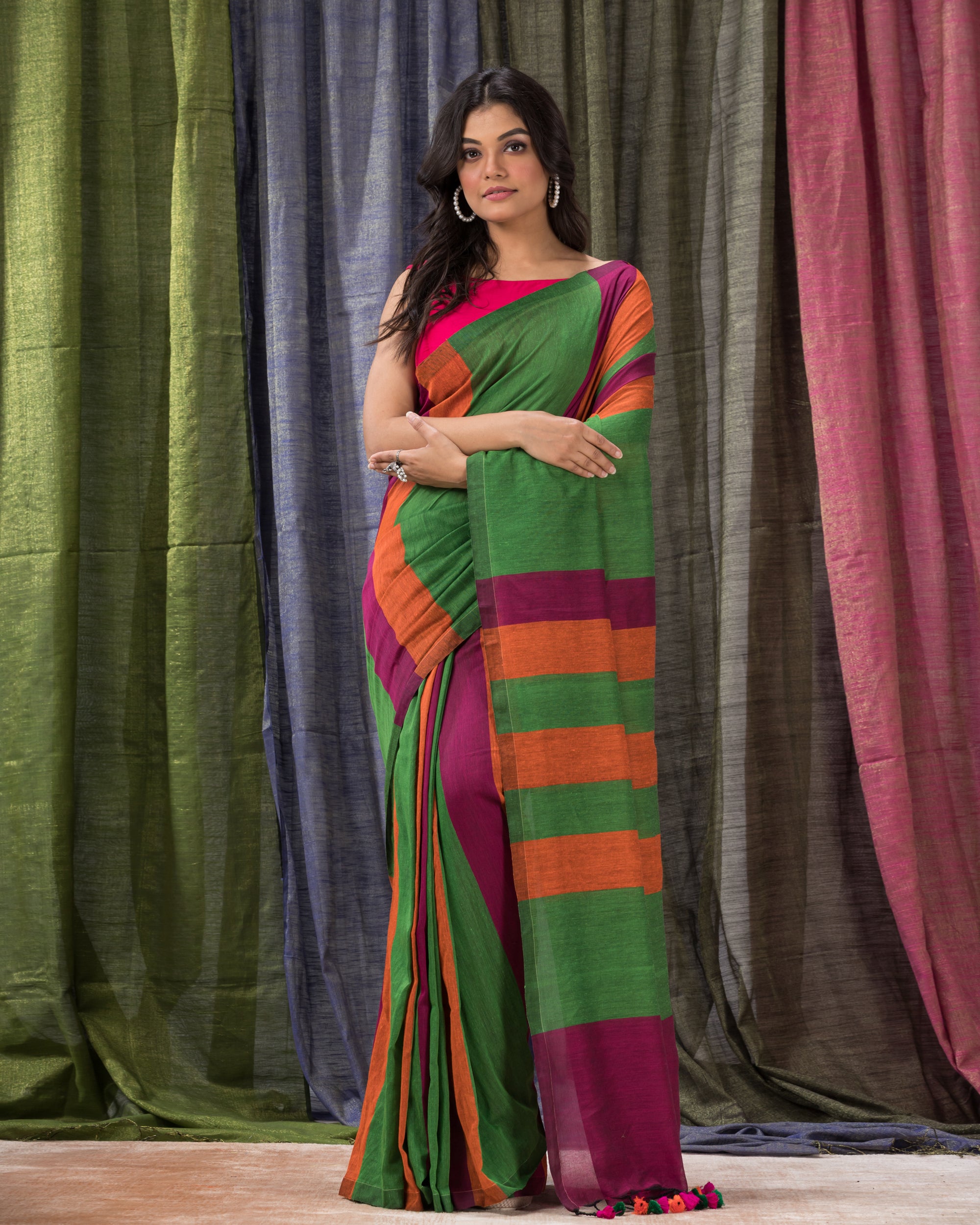 Women's Handspun Cotton Green Handloom Saree