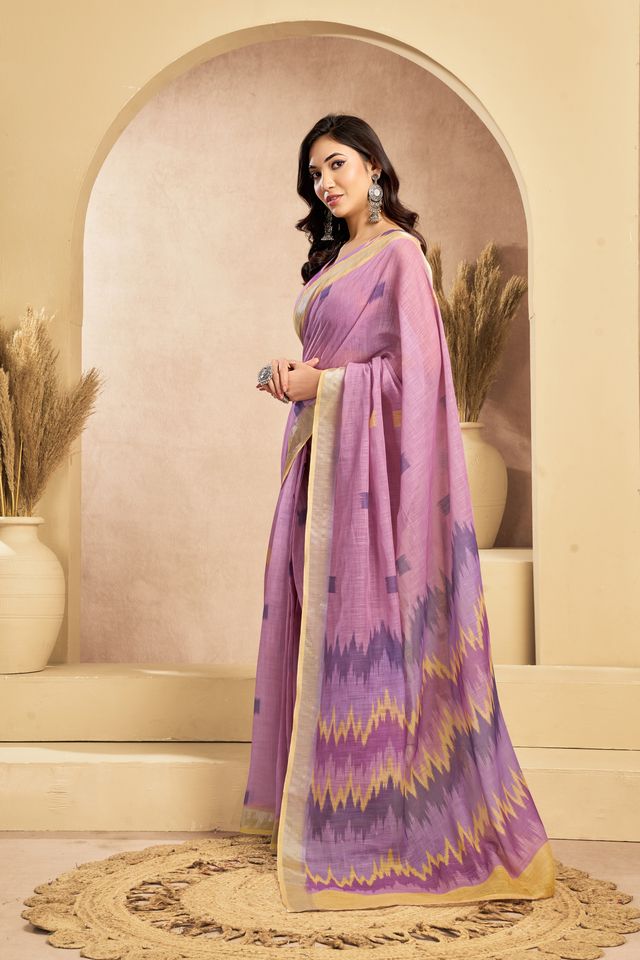 Women's Light Purple Linen Printed Saree