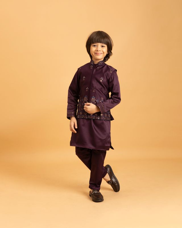 Boy's Purple Malai Satin Kurta Set