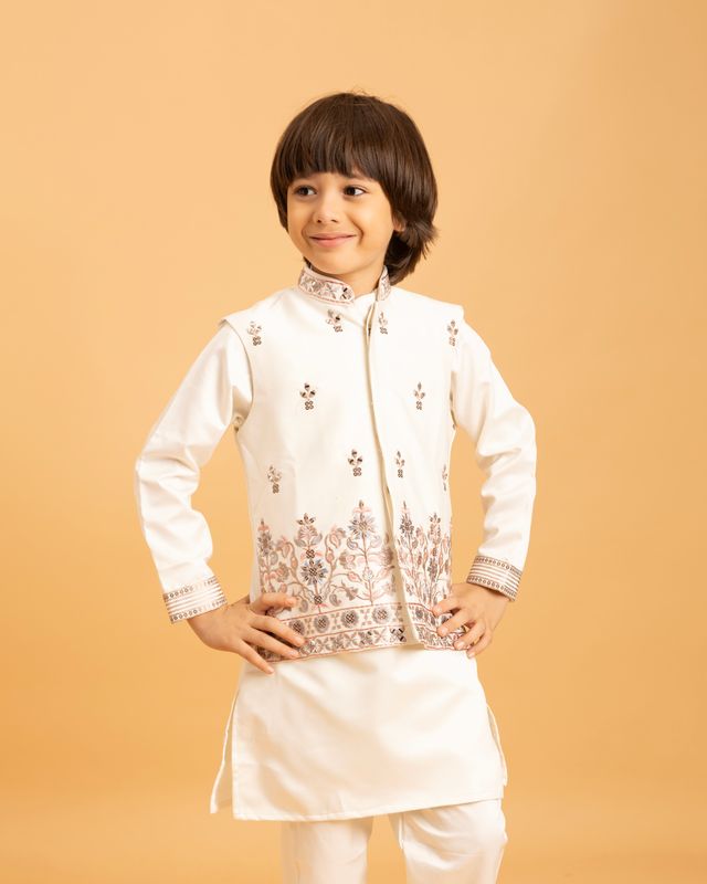 Boy's White Malai Satin Kurta Set