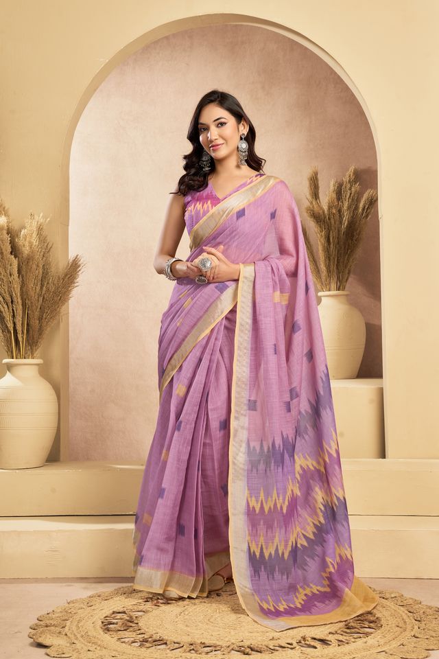 Women's Light Purple Linen Printed Saree