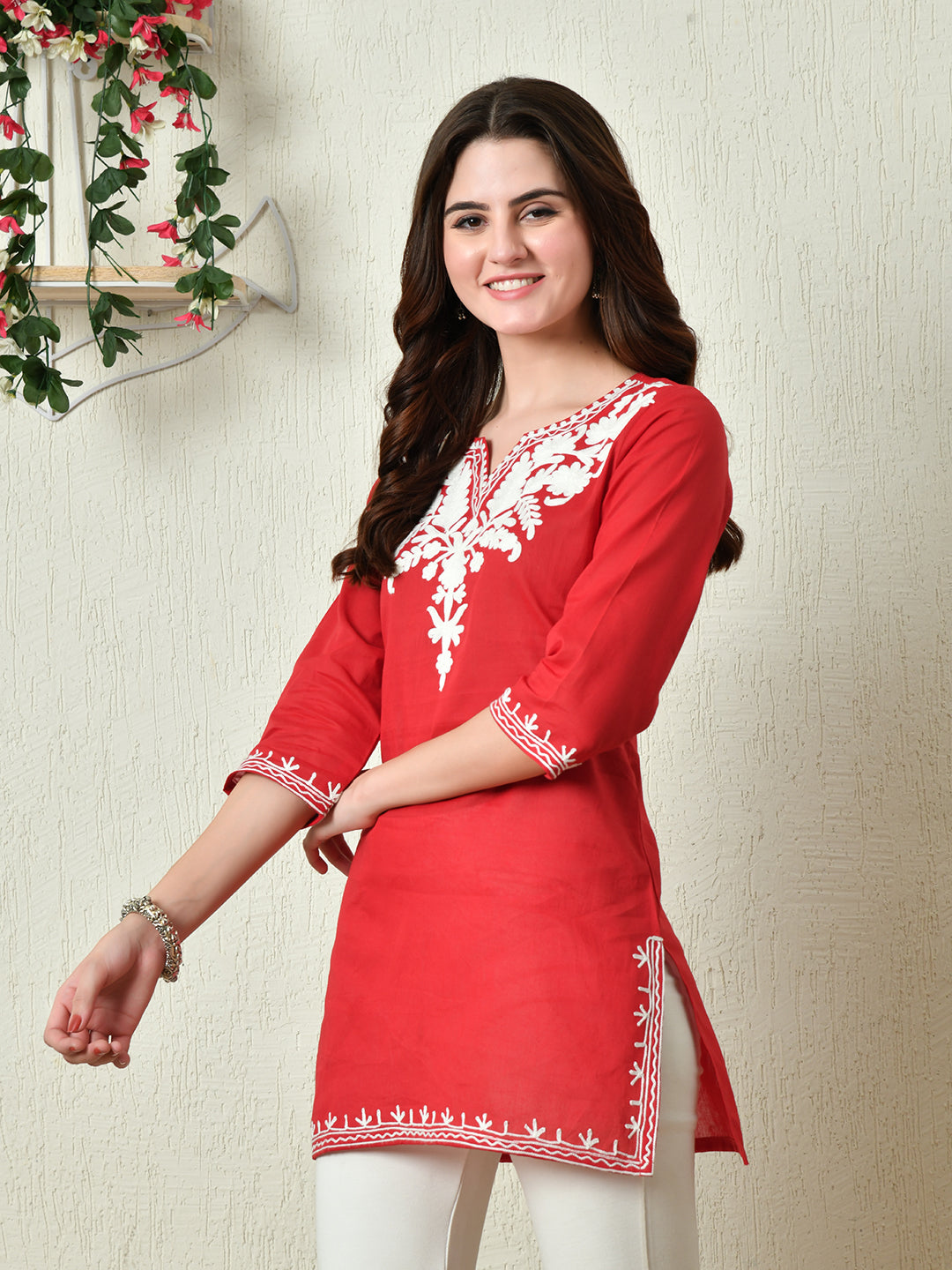 Women's Stylish red Cotton Short Kurti with Elegant Work
