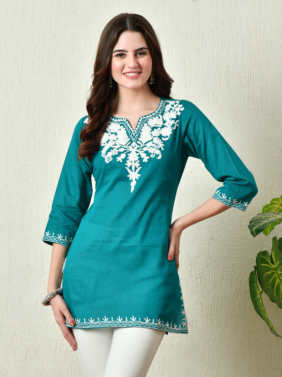 Women's Stylish Turquoise Cotton Short Kurti with Elegant Work