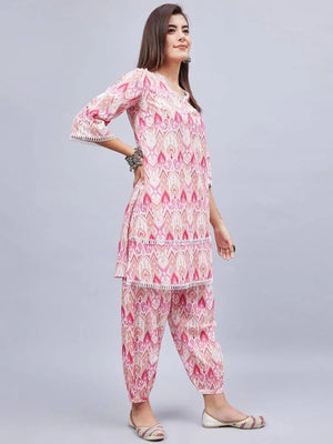winered-woman-pink-printed-lace-detailing-co-ord-set