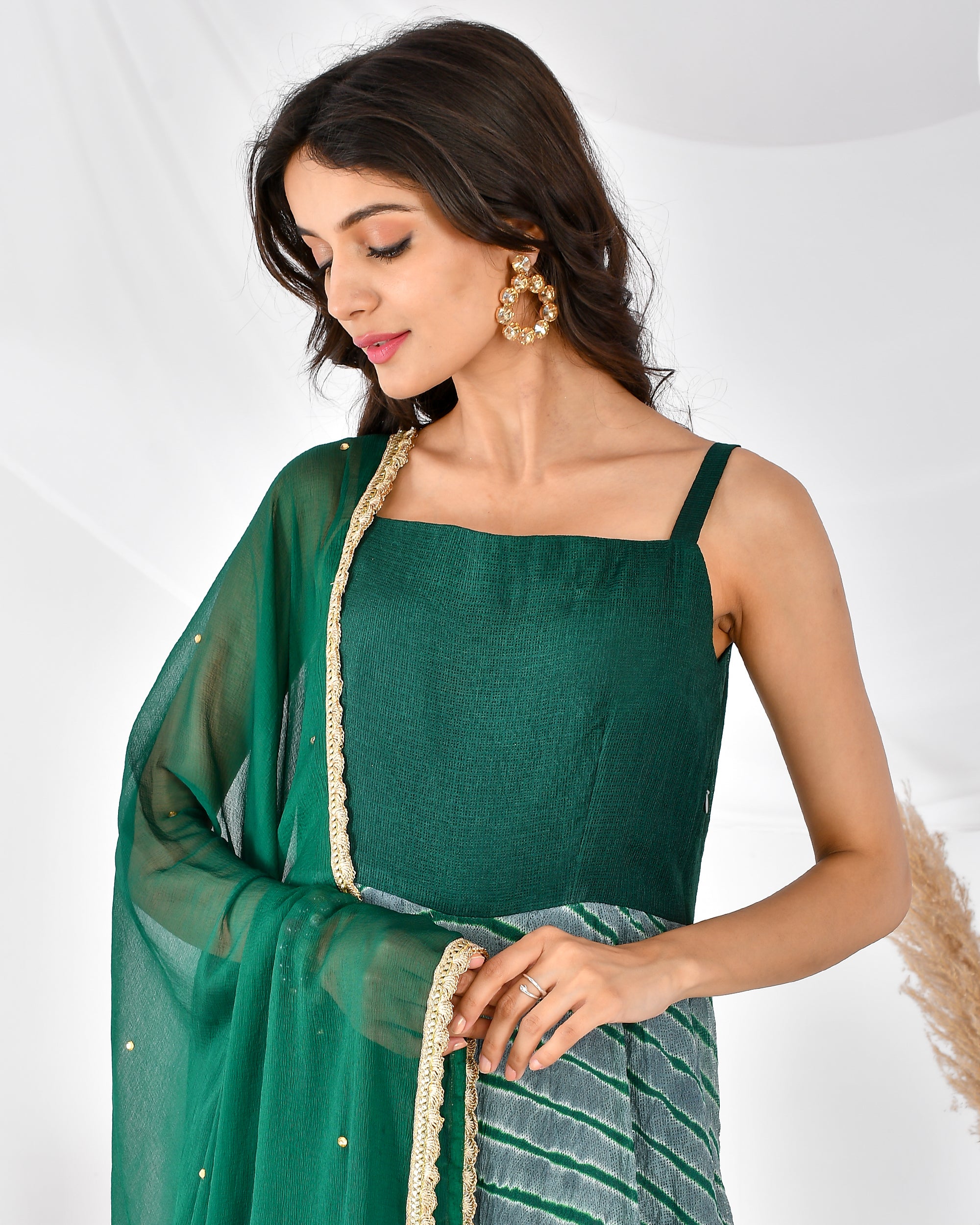 Women's grey and green leheriya Anarkali set