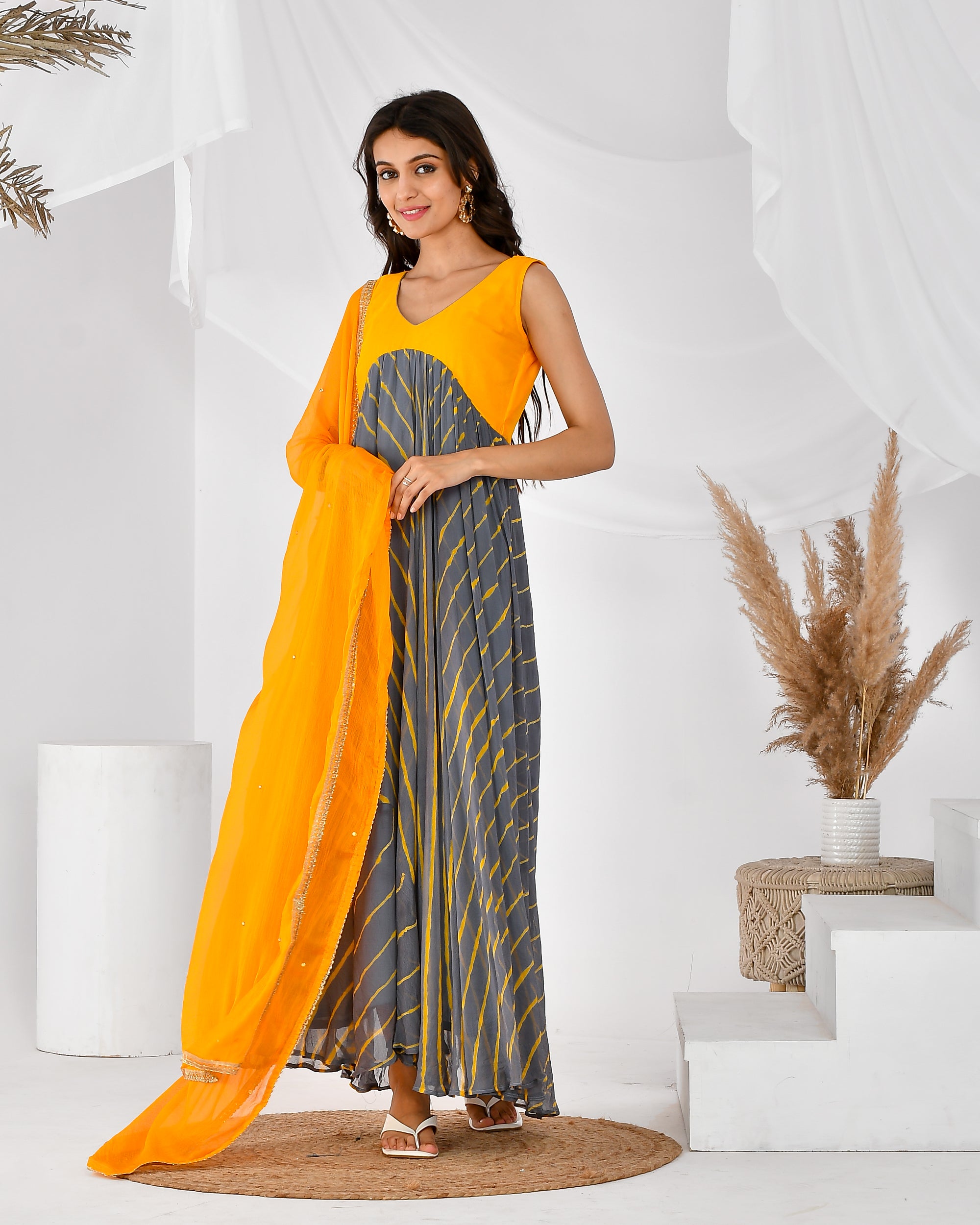 Women's YELLOW AND GREY LEHERIYA Anarkali set
