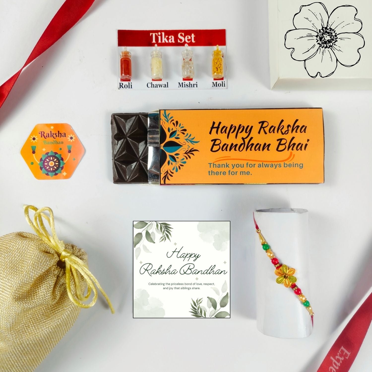 Rakhi Gift Set For Brother With 35G Chocolate Bar, Greeting Card, Jute Potli And Tika Set |Unique Raksha Bandhan Gift For