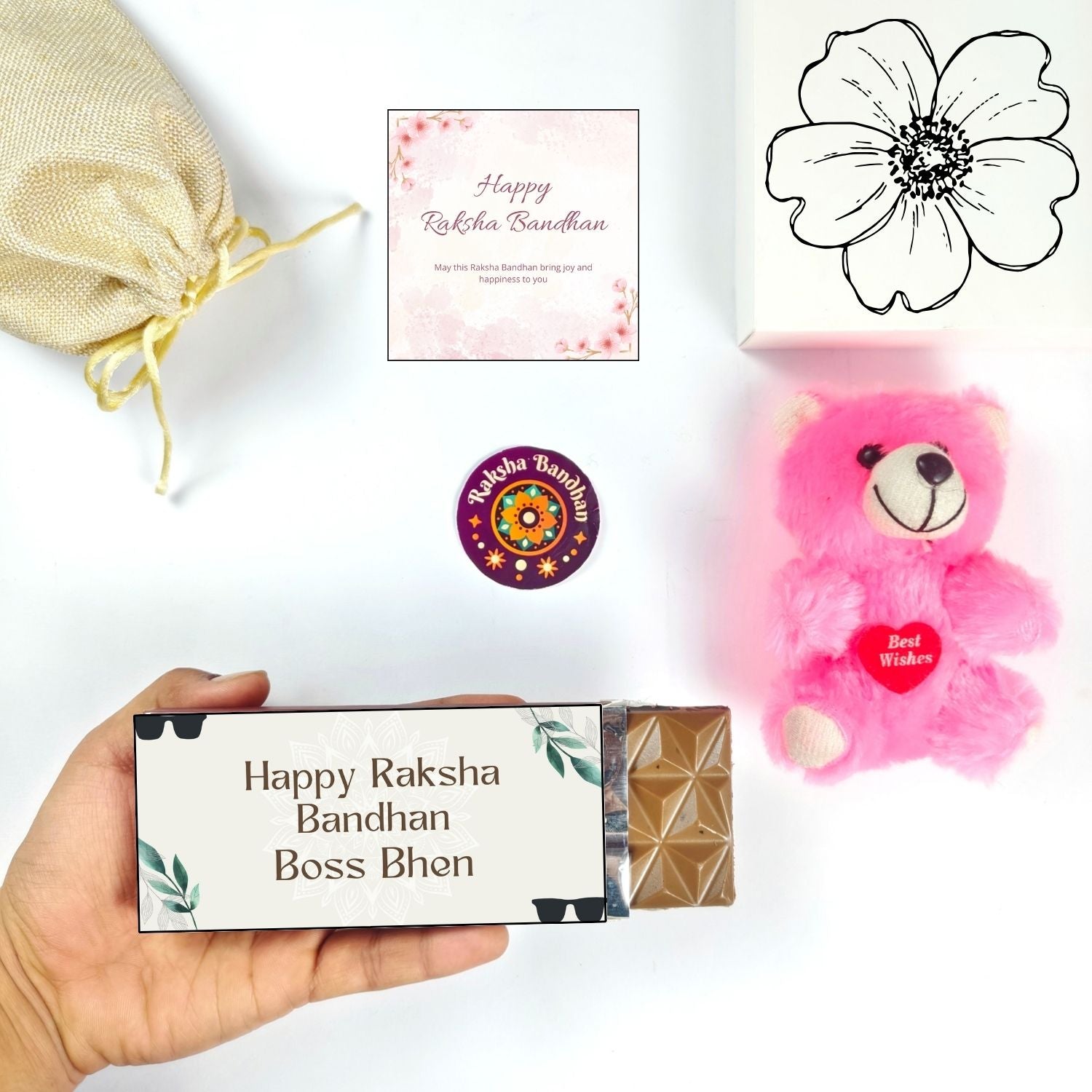 Unique Rakhi Chocolate Combo For Sister With Boss Bhen Theme 35G Chocolate Bar, Teddy And Greeting Card | Best Gift For Sister