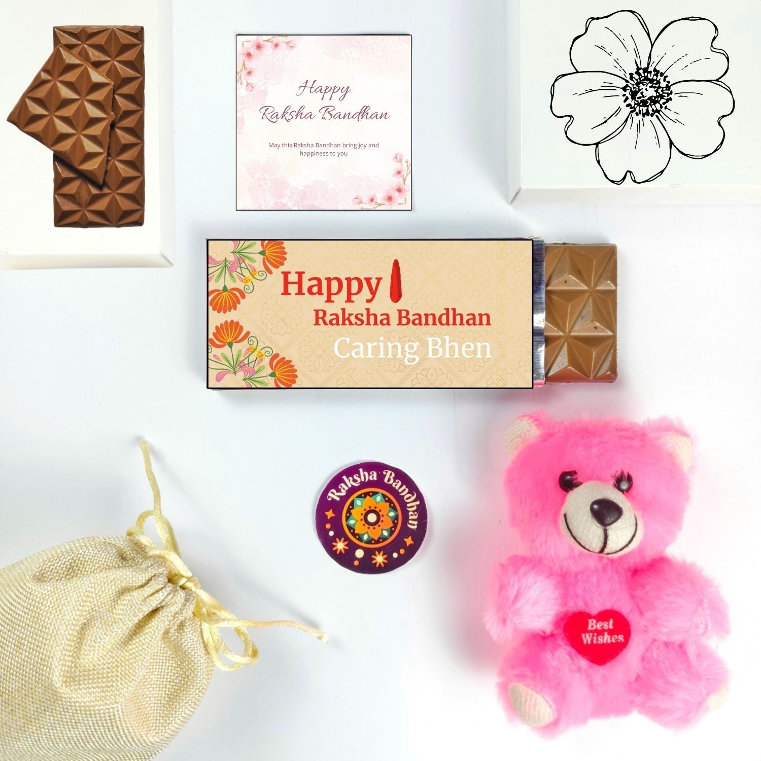 Special  Rakshabandhan Hamper For Sister With Caring  Bhen Theme 35G Chocolate Bar,Teddy And Greeting Card | Best Gift For Sister